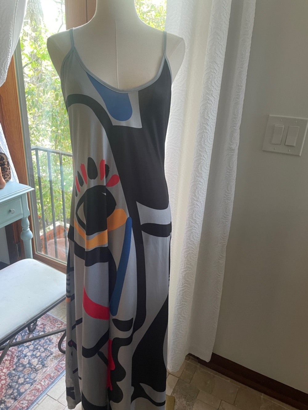 Abstract Print Maxi Slip Dress in Gray with Multicolor Accents Large Art Fashion - Picture 6 of 10